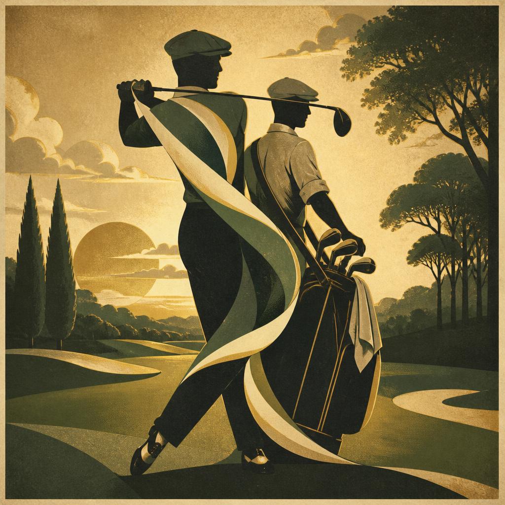 Two golfers walking together at dusk — one swing, two people.