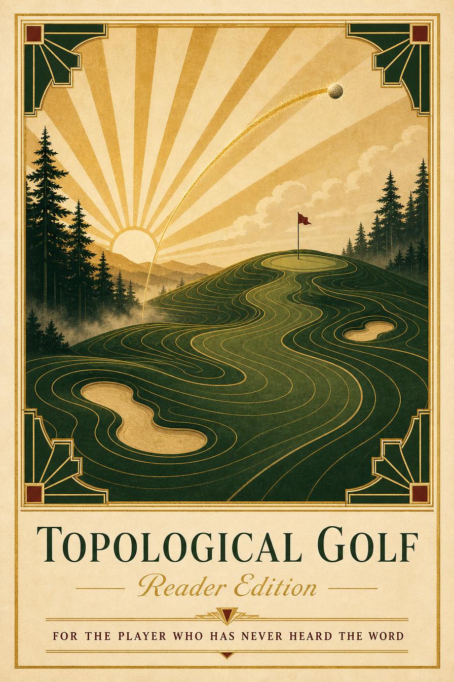 Topological Golf — Reader Edition cover: an Art Deco sunrise over a contoured fairway with a golden ball arc.