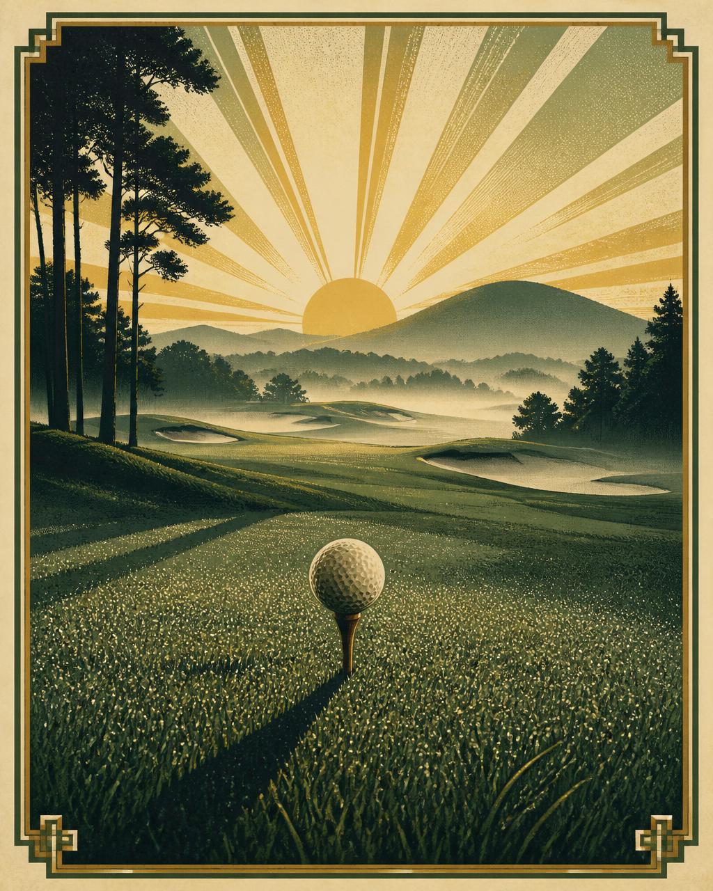 A dew-strewn fairway at sunrise with a single teed ball — the first shot.