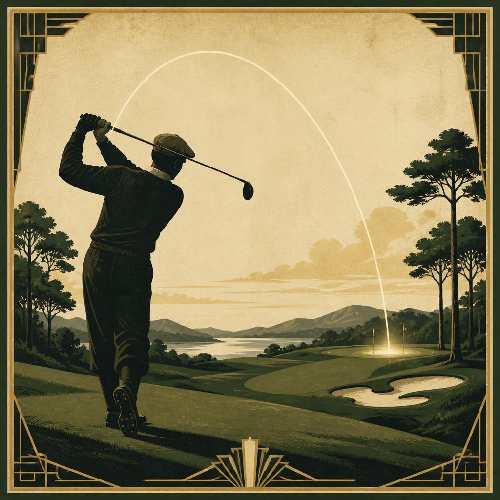 A golfer at the finish of the swing as a luminous arc traces the ball's path to the distant pin.